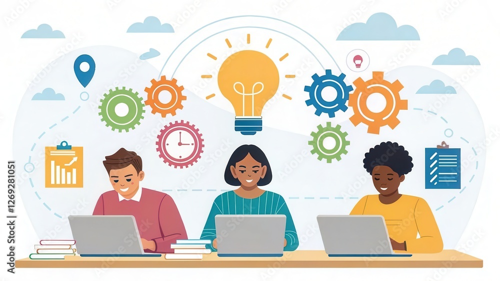 Leinwandbilder Online training technology, accessible anytime and anywhere Concept. Three diverse people working on laptops with gears and lightbulbs symbolizing innovation and teamwork.