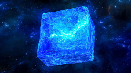 A radiant blue cube adrift in a cosmos filled with cosmic dust and sparkling stars.