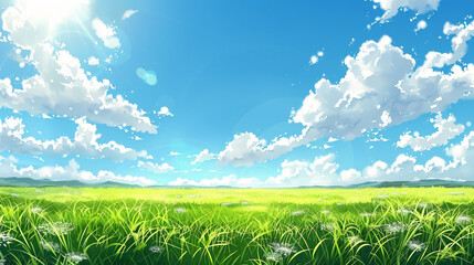 Beautiful sunny day in a green field with day sky and clouds, depicted in an anime background style.
