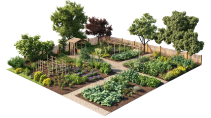 Blooming Bounty: An aerial view of a flourishing garden, filled with an assortment of plants, vegetables, and greenery, organized in neat rows and framed by wooden fences and structures.