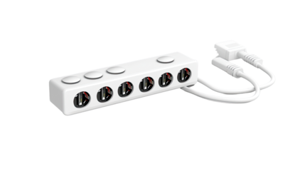 Connectivity Hub: A sleek, white, multi-port electronic device, likely a hub or splitter, designed for audio or video connections.