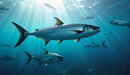 Obraz premium Mackerel schooling in ocean, dynamic mood, open water with sunlight