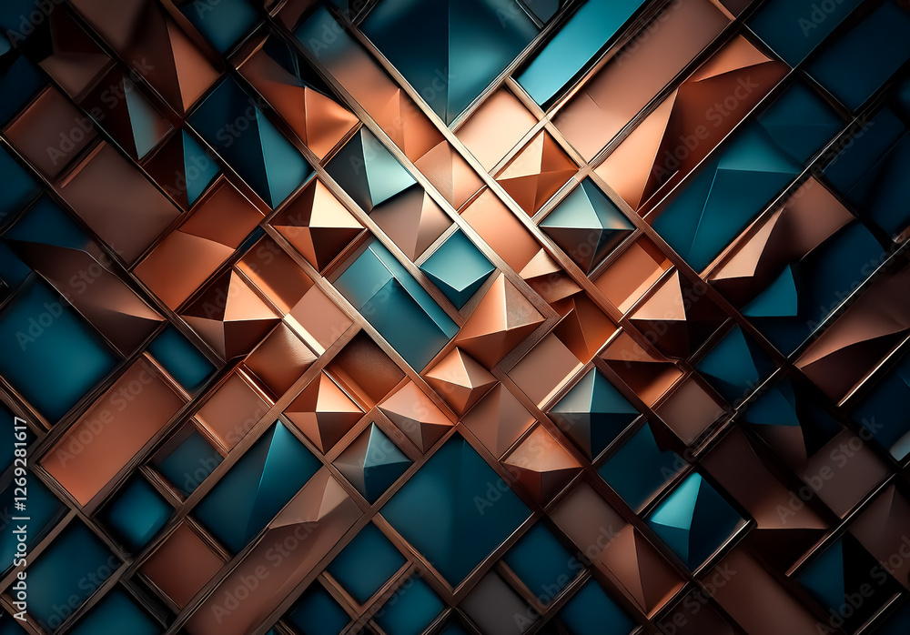 Fototapete Abstract geometric design with copper and teal angular shapes. Dimensional pattern featuring intersecting lines and textured surfaces creates a modern artistic backdrop.