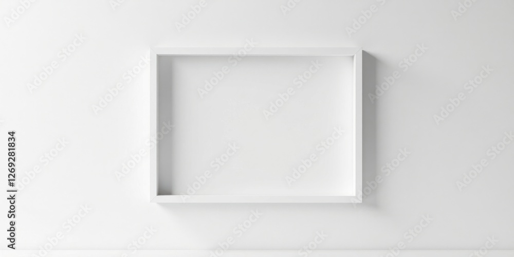 Poster a simple white square shelf mounted on a pristine white wall, offering a minimalist display space fo