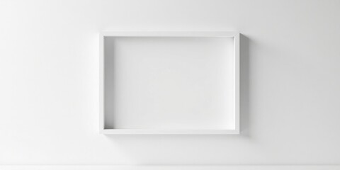 A simple white square shelf mounted on a pristine white wall, offering a minimalist display space for various items