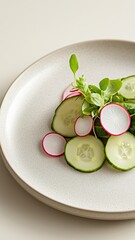 Cucumber and radish salad with fresh greens on neutral plate
