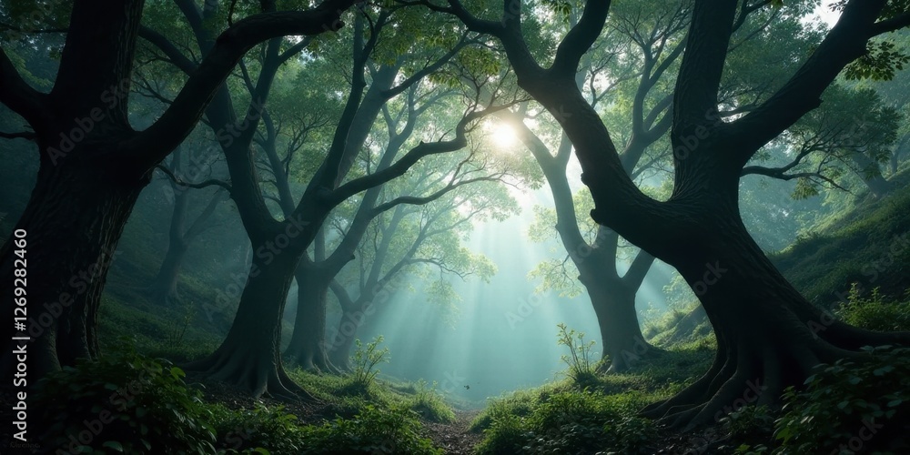 Poster Enchanted Forest Path Sunlight Beams Through Ancient Trees, Creating a Mystical Atmosphere