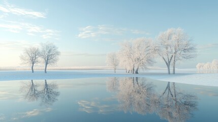 Fototapeta premium Winter landscape frost-covered trees reflected in calm lake