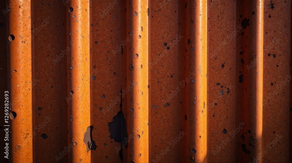 Poster rustic orange corrugated metal surface texture with subtle light and shadow variations, exhibiting a