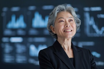 Confident Older Asian Businesswoman Black Suit Smiling Dark Background Data Visualizations - Empowering Diversity Corporate Leadership Professional Development Training Programs Workshops