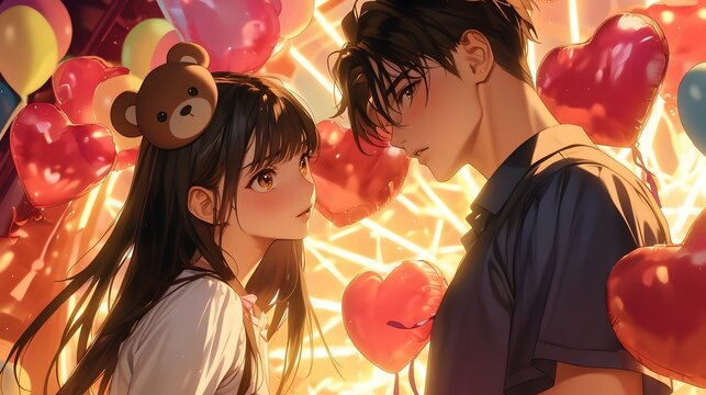 A handsome anime-style man and a beautiful anime-style woman face each other, with teddy bears floating around them, set against the background of an amusement park, Generative AI