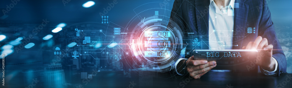 Poster big data. businessman using tablet analyzing big data trends patterns insights forecasts, optimizing