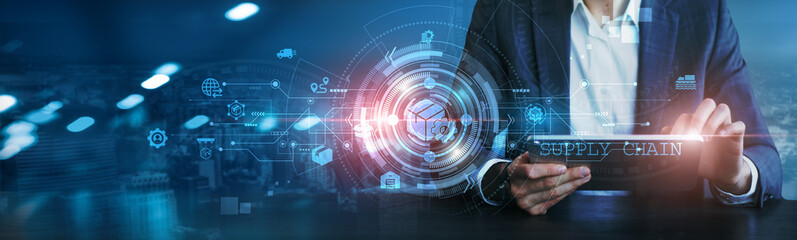 Businessman using a tablet analyzing Supply Chain Management, logistics optimization, inventory control, vendor performance, demand forecasting, transportation efficiency, global sourcing strategies.