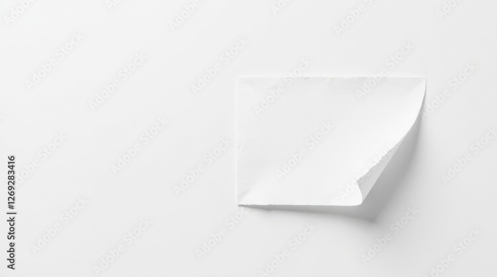 Poster a single sheet of white paper with a curled corner on a plain white background, ideal for minimalist