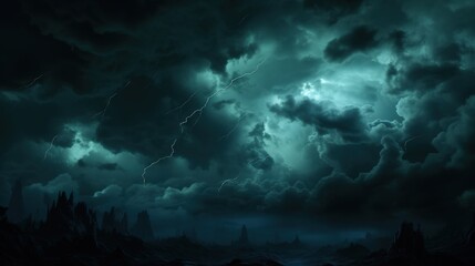 A dramatic dark sky filled with swirling clouds and hints of eerie light, creating a mysterious and foreboding atmosphere.