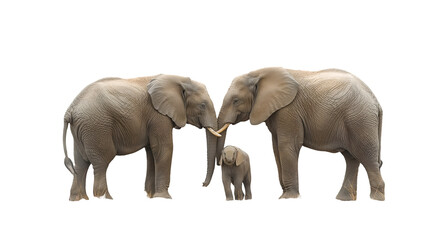 Obraz premium African Elephant Family Wildlife Herd, Baby and Adult with Tusks in Grassy Safari, isolated on transparent background.