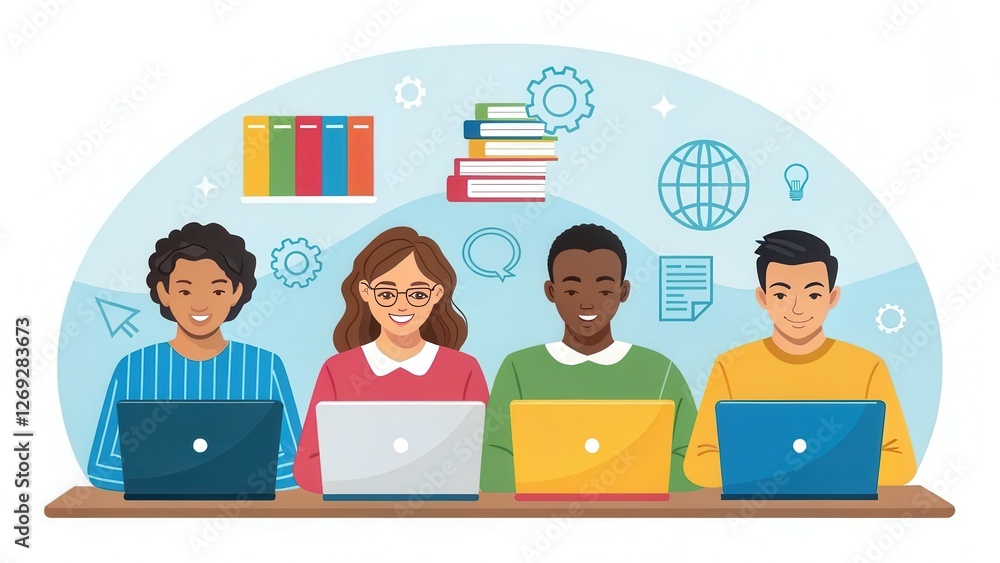 Leinwandbilder online training technology, accessible anytime and anywhere concept. four diverse students working o
