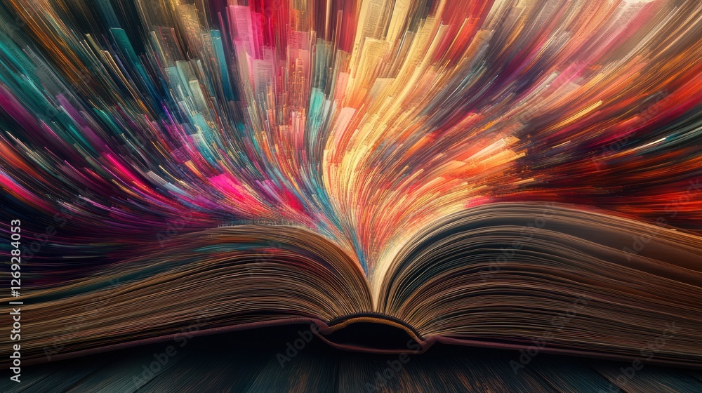 Poster a kaleidoscope of knowledge: an open book bursting with colorful pages