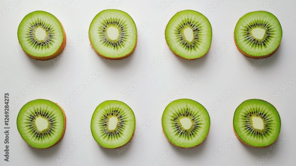 Poster brightly colored slices of kiwi are artistically arranged in a symmetrical pattern on a pristine whi