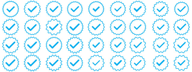 Verified badges. Verified badge vector icons. Verification symbol set. Social media account verification icons. Blue check mark icon. Profile verified badge. Approved check mark with tick simbol.