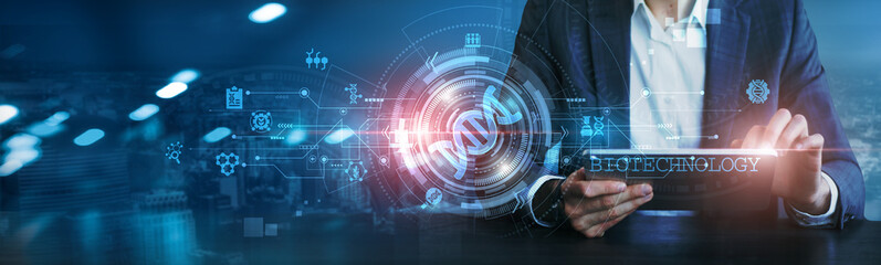 Businessman using tablet to analyze genetic data, protein structures, drug interactions, clinical trials, biomarker levels, genomic sequencing, biopharmaceutical processes, bioinformatics algorithms