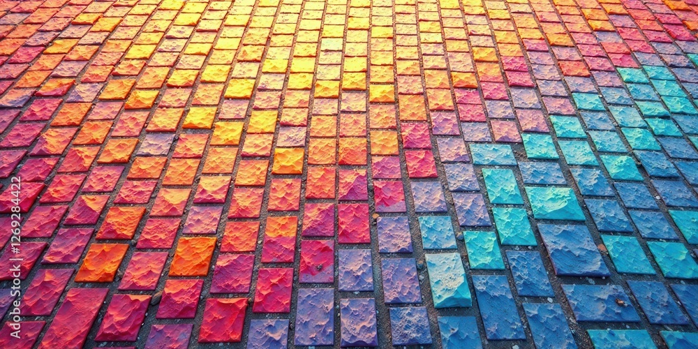 Poster Vibrant Textured Pavement A Colorful Array of Interlocking Tiles in a Gradual Spectrum of Hues from Warm to Cool Tones