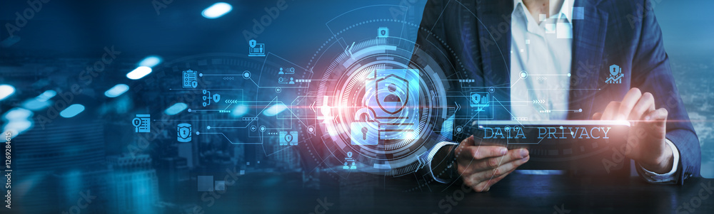 Poster data privacy. businessman using tablet analyzing data security compliance reports encryption protoco