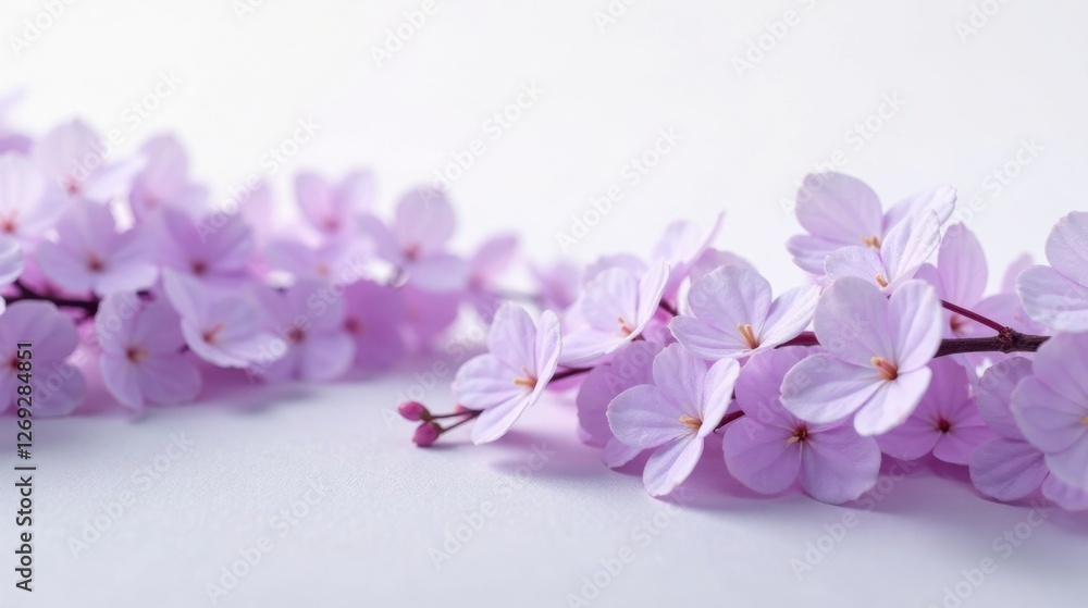 Poster delicate lavender blossoms on a soft white surface, a close-up view showcasing the intricate details