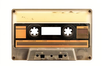 Naklejka premium A vintage audio cassette tape showcasing a worn design with orange accents, evoking nostalgia for retro music formats.