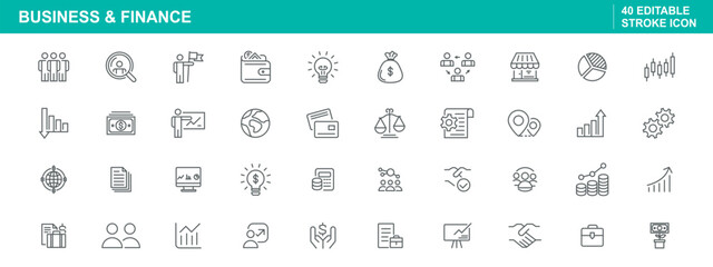 Business and finance icons in editable stroke style, icon set for business presentations, finance reports, and marketing materials, category: icon.