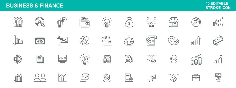 Business and finance icons in editable stroke style, icon set for business presentations, finance reports, and marketing materials, category: icon.