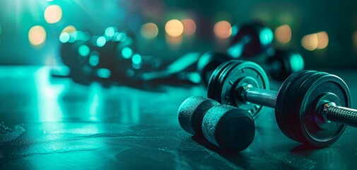 A focused shot of dumbbells illuminated by vibrant lighting, emphasizing fitness equipment in a dynamic gym environment.