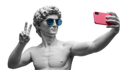 Classic greek ancient sculpture takes a modern selfie in sunglasses, showcasing a fun fusion of art and contemporary culture