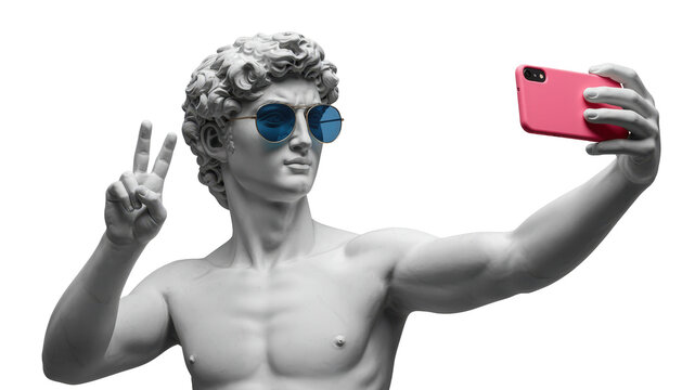 Naklejki Classic greek ancient sculpture takes a modern selfie in sunglasses, showcasing a fun fusion of art and contemporary culture