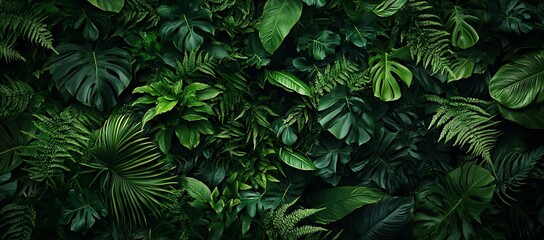 Fototapeta premium A lush green tapestry of tropical leaves featuring monstera and other foliage creates a dense jungle background with vibrant textures and natural beauty perfect for designs