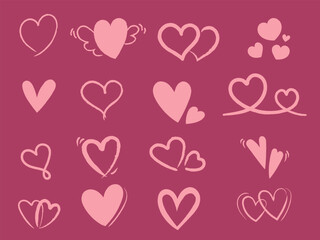 A collection of different pink heart-shaped icons. Valentine's Day. Vector illustration.