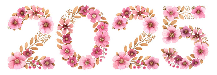 Watercolor hand drawn colorful lettering Number isolated background. Handwritten message. Colored Numbers date 2025 year.  Print, cards, design, banner, poster, calendar. Pink Flowers Blossom leaves