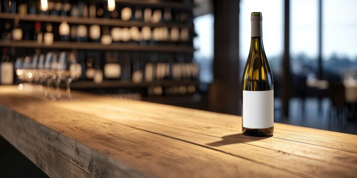 Close-up of wine bottle on wooden table in modern wine cellar with blurred background