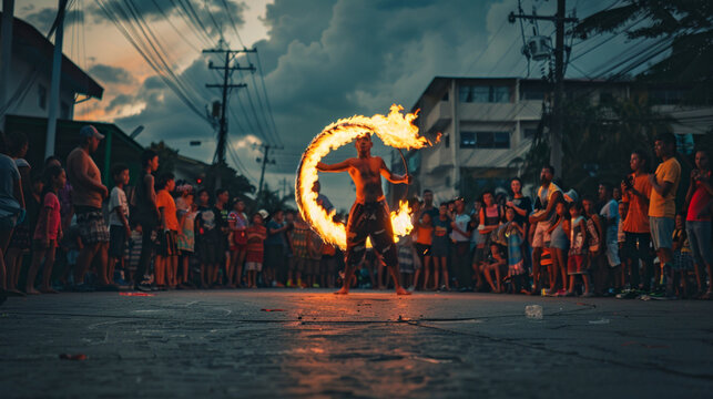In Panama, a street performer wows onlookers by spinning flaming hoops, creating a spectacle that fascinates both children and adults alike. - Powered by Adobe