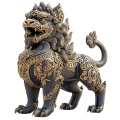 Mythical Thai lion Singha with intricate decorative patterns and muscular body, symbolizing strength and cultural heritage