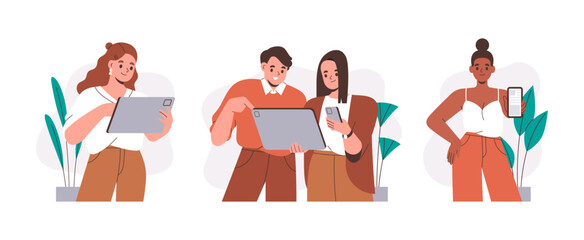 People using gadgets. Set of vector illustrations. Isolated