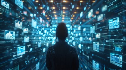 A silhouetted figure stands in a digital space filled with floating data, images, and vibrant lights, symbolizing technology and information flow.