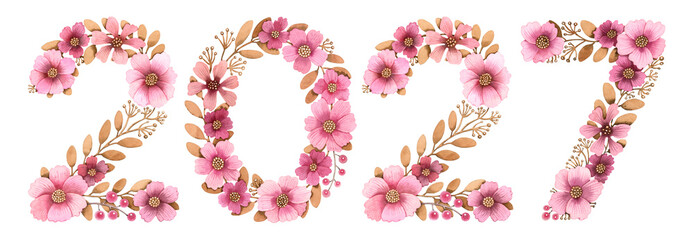 Watercolor hand drawn colorful lettering Number isolated background. Handwritten message. Colored Numbers date 2027 year.  Print, cards, design, banner, poster, calendar. Pink Flowers Blossom leaves