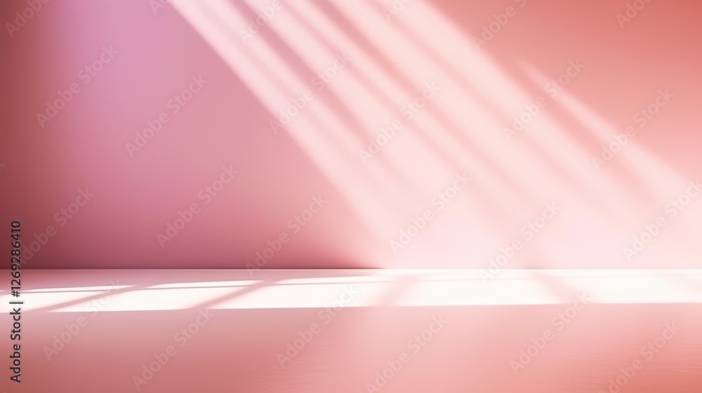 Poster soft pink background with gentle light rays casting shadows, creating a serene and calming atmospher