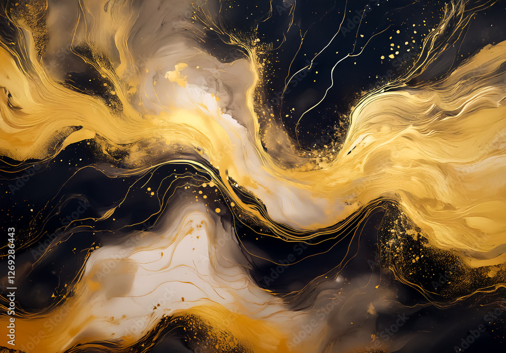 Aufkleber an opulent abstract art piece with swirling strokes of shimmering gold paint against a deep, dark ba
