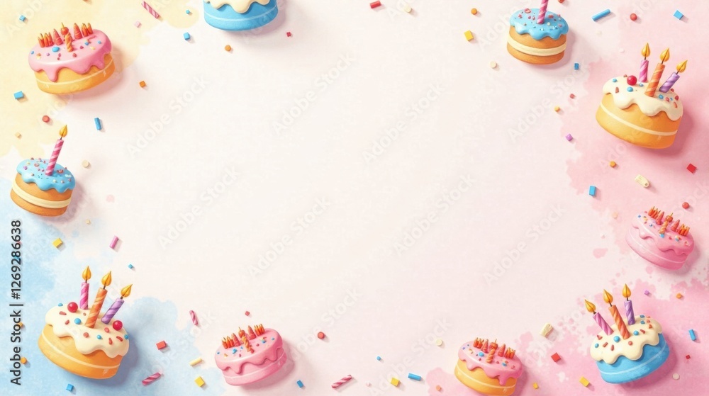 Poster delightful celebration a festive array of miniature cakes with icing and candles, surrounded by colo
