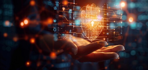 A glowing digital shield is projected from a hand against a backdrop of data streams, symbolizing cybersecurity and protection in the digital age.