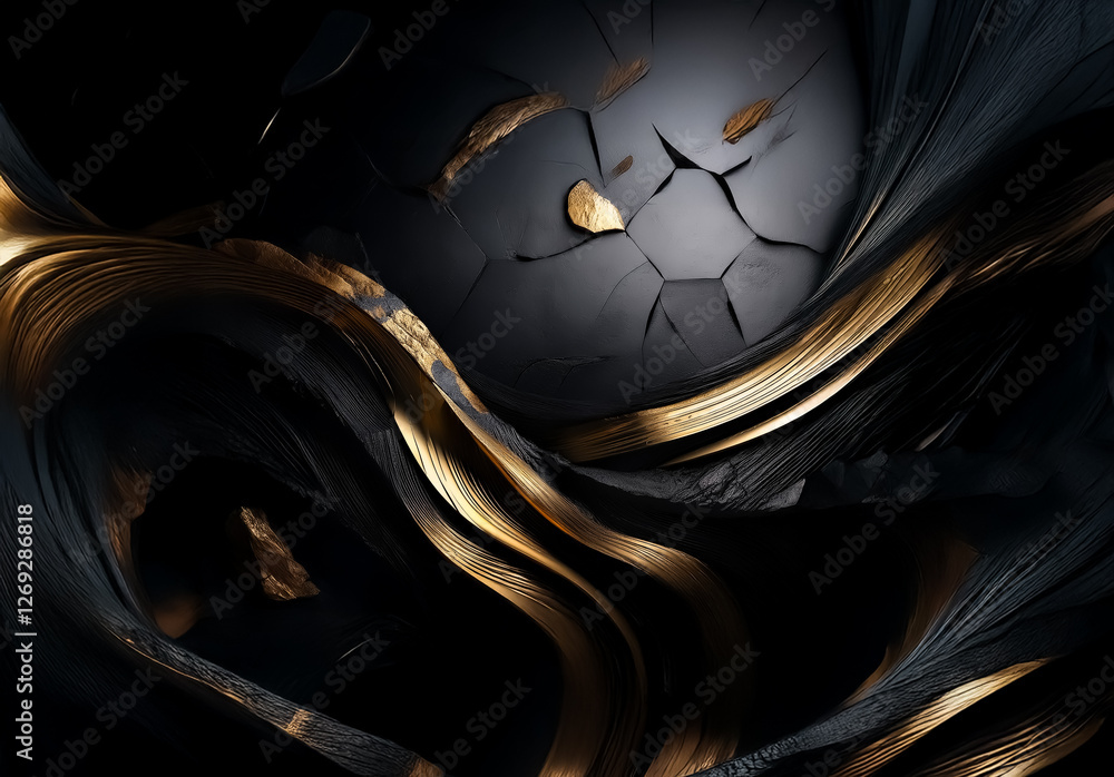 Leinwandbilder elegant dark abstract background featuring flowing golden elements surrounding a cracked sphere shap