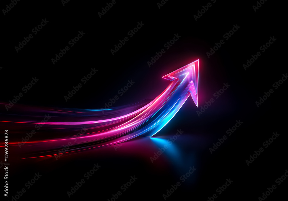 Poster vibrant neon arrow with pink and blue light streaks points upwards on a stark black backdrop, symbol