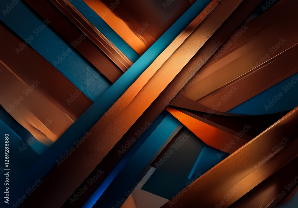 Leinwandbilder Abstract digital art featuring diagonal stripes in shades of blue, brown, and orange with a metallic texture. Overlapping layers create depth and a dynamic design.